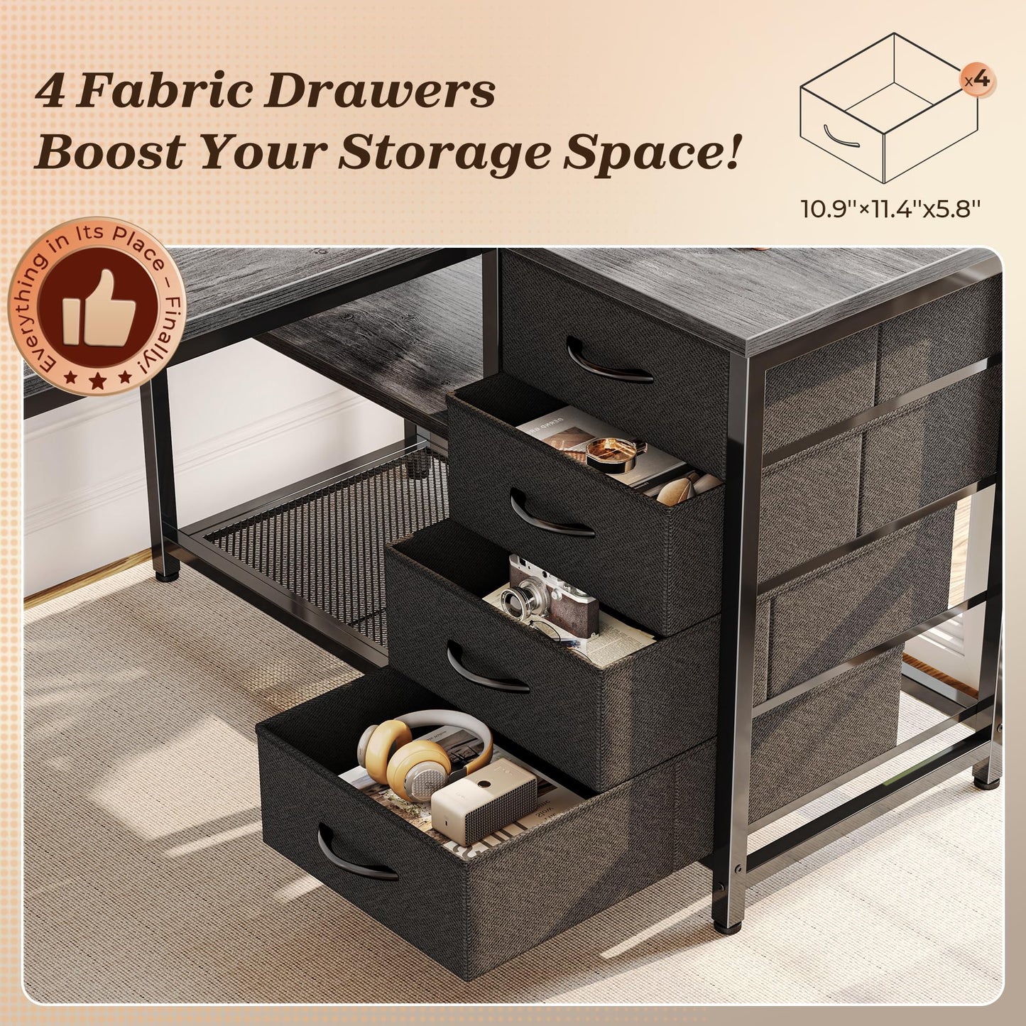 PRAISUN 43.3" Small Computer Desk with Power Outlets and USB-C Port, Reversible L Shaped Corner Office Desk with 4 Fabric Drawers and 2 Height-Adjustable Shelves, for Gaming Writing, Grey
