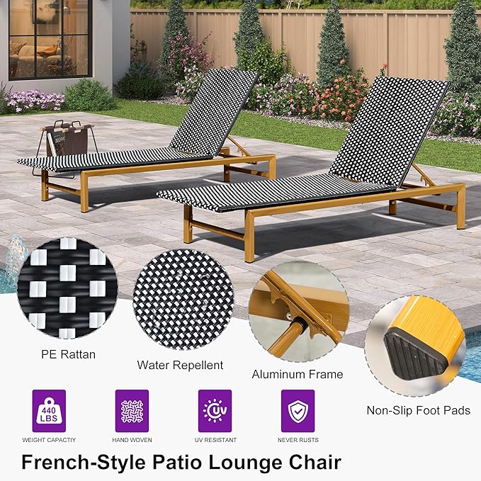 PURPLE LEAF Patio Chaise Lounge French Outdoor Lounger 1 Piece Wood-Grain
