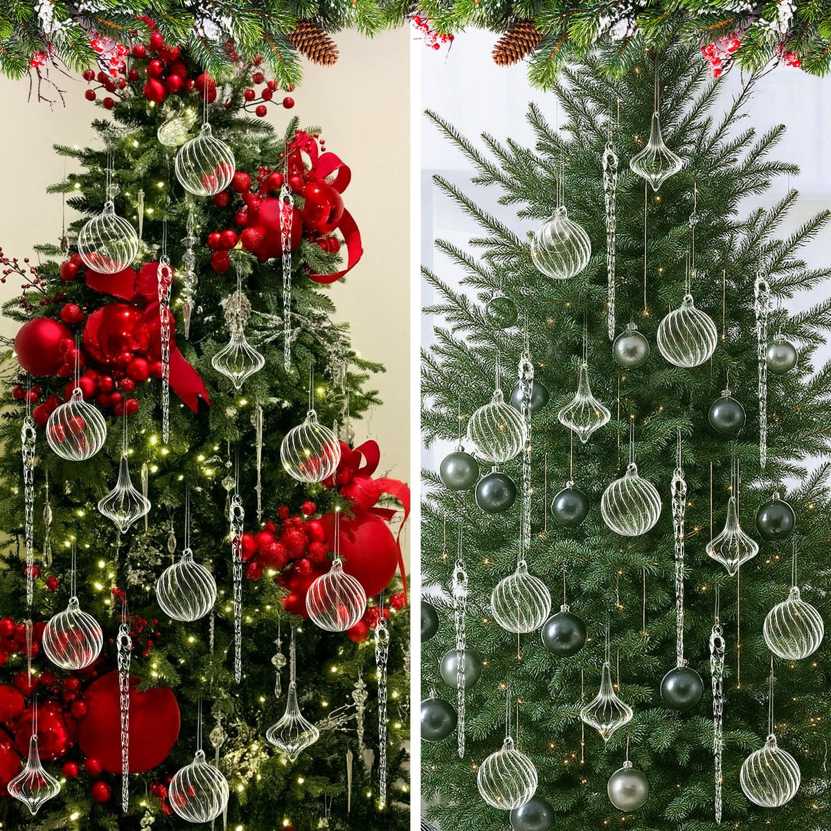 Seematn 18 Pcs Clear Christmas Glass Ornaments Ball Icicle Drop Ornaments Hanging Crystal Balls Glass Bulbs for Xmas Tree Home Indoor Party Elegant Winter Festival Crystal Decorations