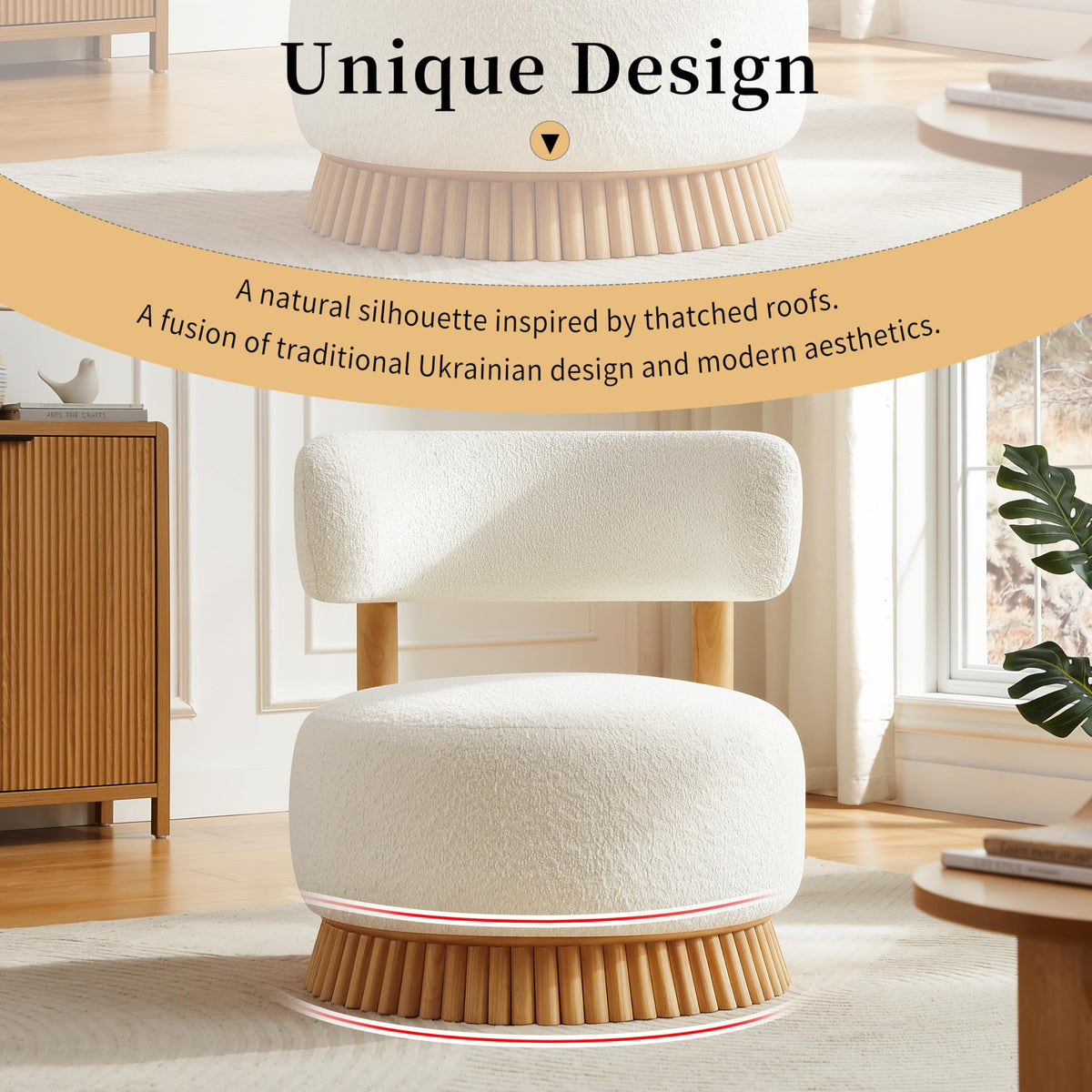 Merax Armless Accent Chairs for Living Room, Modern Farmhouse Comfy Chairs with Wooden Base Featuring Thatched Roof Rod Design, Cozy Upholstered Chair for Bedroom Room Reading Corners, Beige