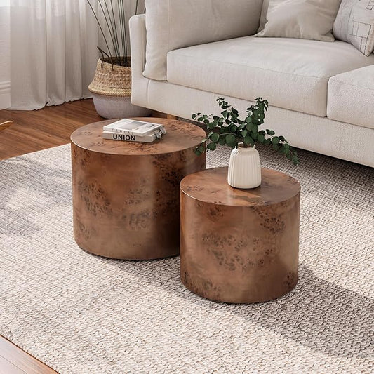 Round Nesting Coffee Table Set of 2, Modern Wooden Circle Burl Accent Tables