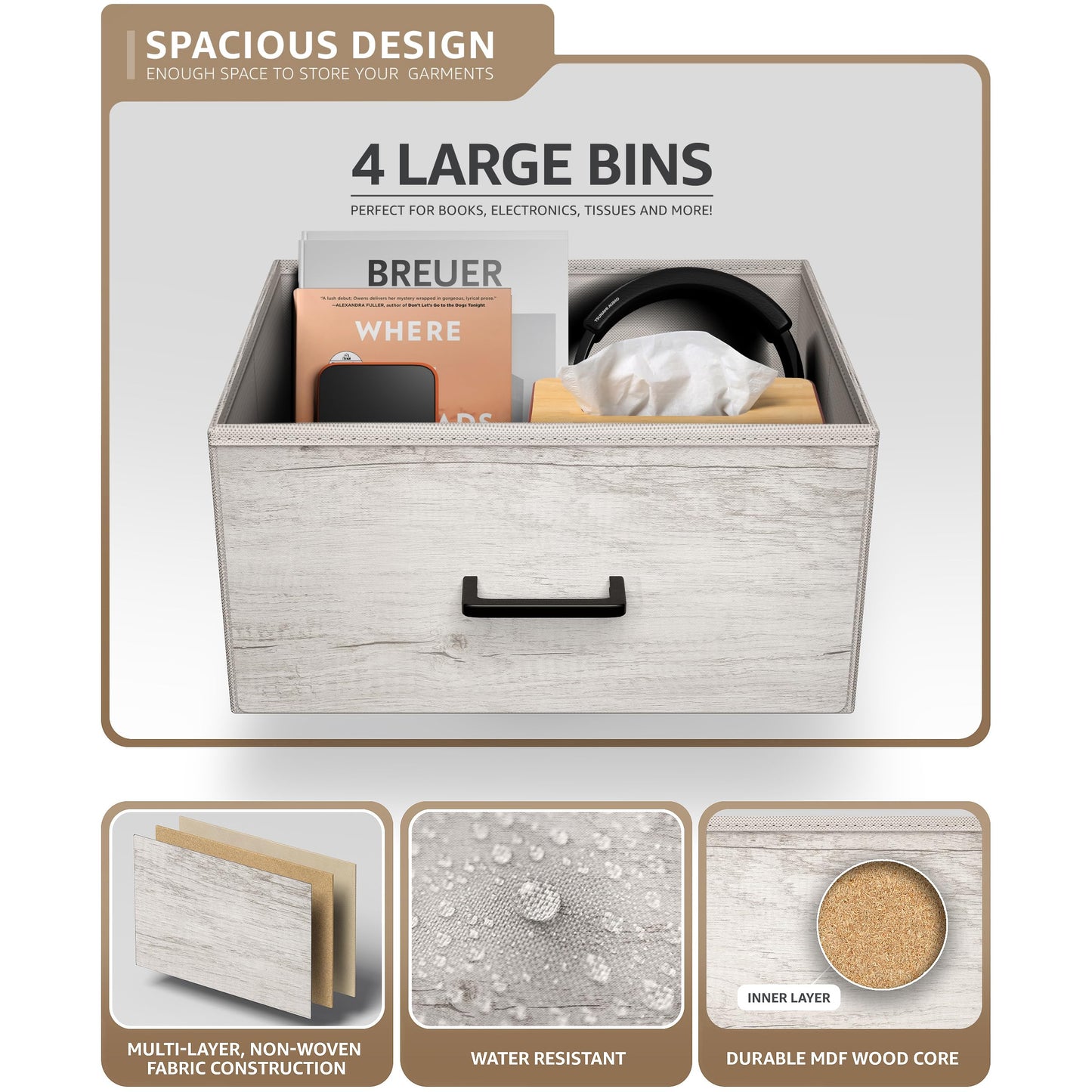 Sorbus Nightstand Dresser with 4 Faux Wood Drawers – Tall Bedside Table Chest with Storage, Steel Frame, Wood Top, Easy Pull Fabric Bins for Bedroom, Living Room, Closet & Dorm Furniture Lamp Stand