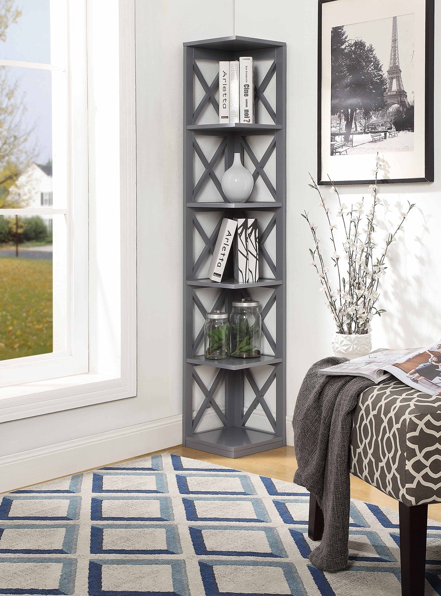 Convenience Concepts Oxford Corner Bookcase 12" - 5-Tier Slim Farmhouse Bookcase for Modern Living & Family Room, Media Storage Organizer for Home Office Library, Tall Shelving Unit, Gray