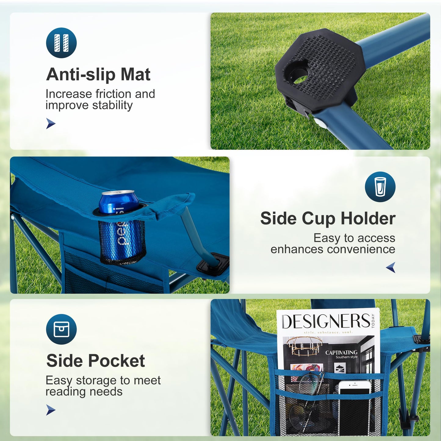 LET'S CAMP Camping Chair 2 Pack Folding Chair with 4-Can Cooler Bag Portable Lawn Chair with Cup Holder,Storage Pocket, Supports 250LBS, Collapsible Chair for Camp, Beach, Picnic (Blue)