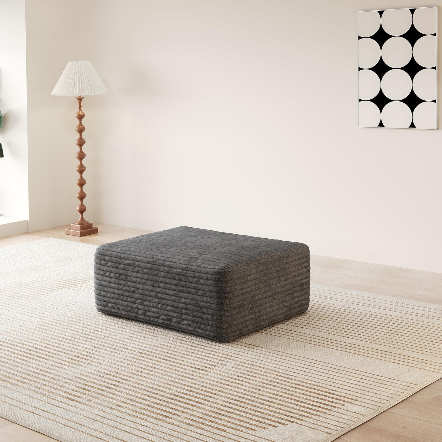 37.4" Charcoal Plush Corduroy Ottoman, Upholstered Cloud Ottoman for Boneless Couch in a Box, Modular Sectional Couches for Living Room Bedroom, Compressed Memory Foam, No Assembly Require, Dark Grey