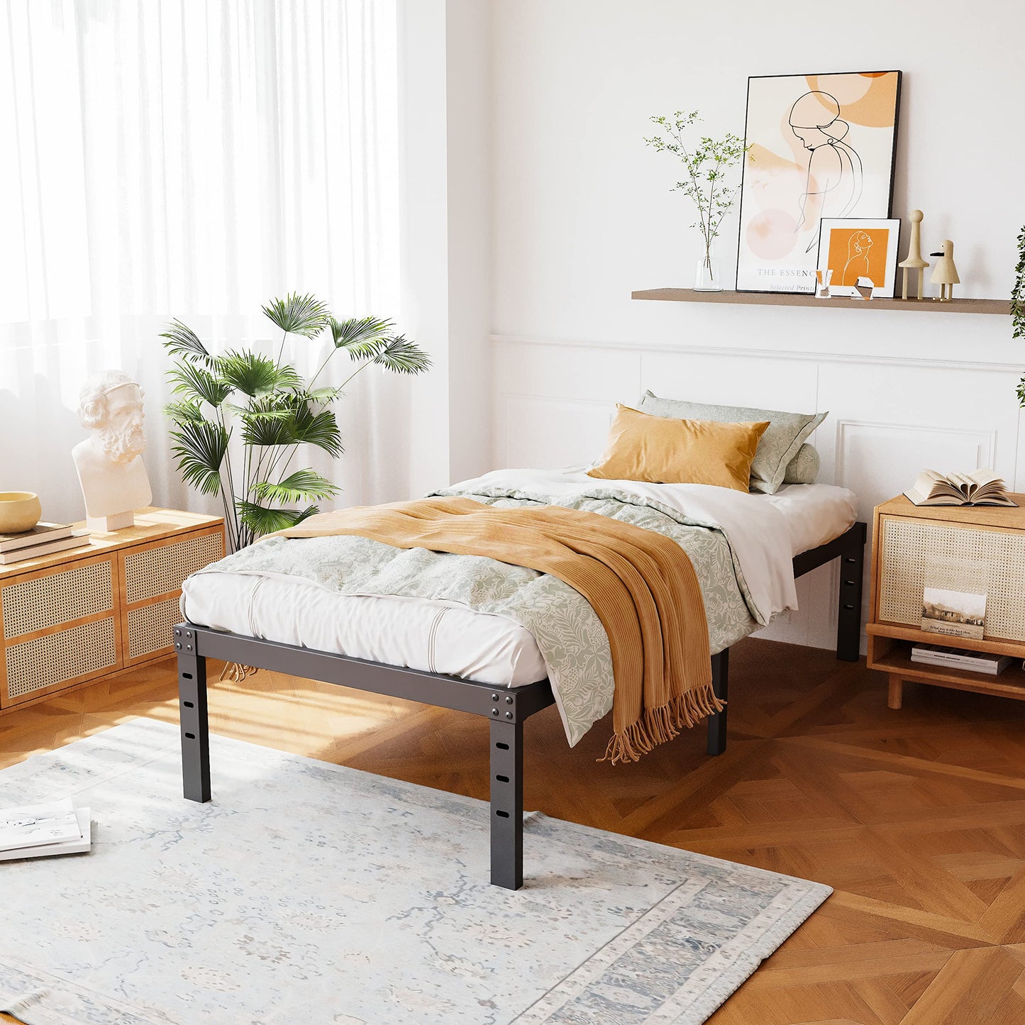 ZIYOO Twin Size Bed Frames 16 Inches Tall, 3 Inches Wide Wood Slats with 2500 Pounds Support for Foam Mattress, No Box Spring Needed, Heavy Duty Platform Bed Frame, Easy Assembly, Noise Free