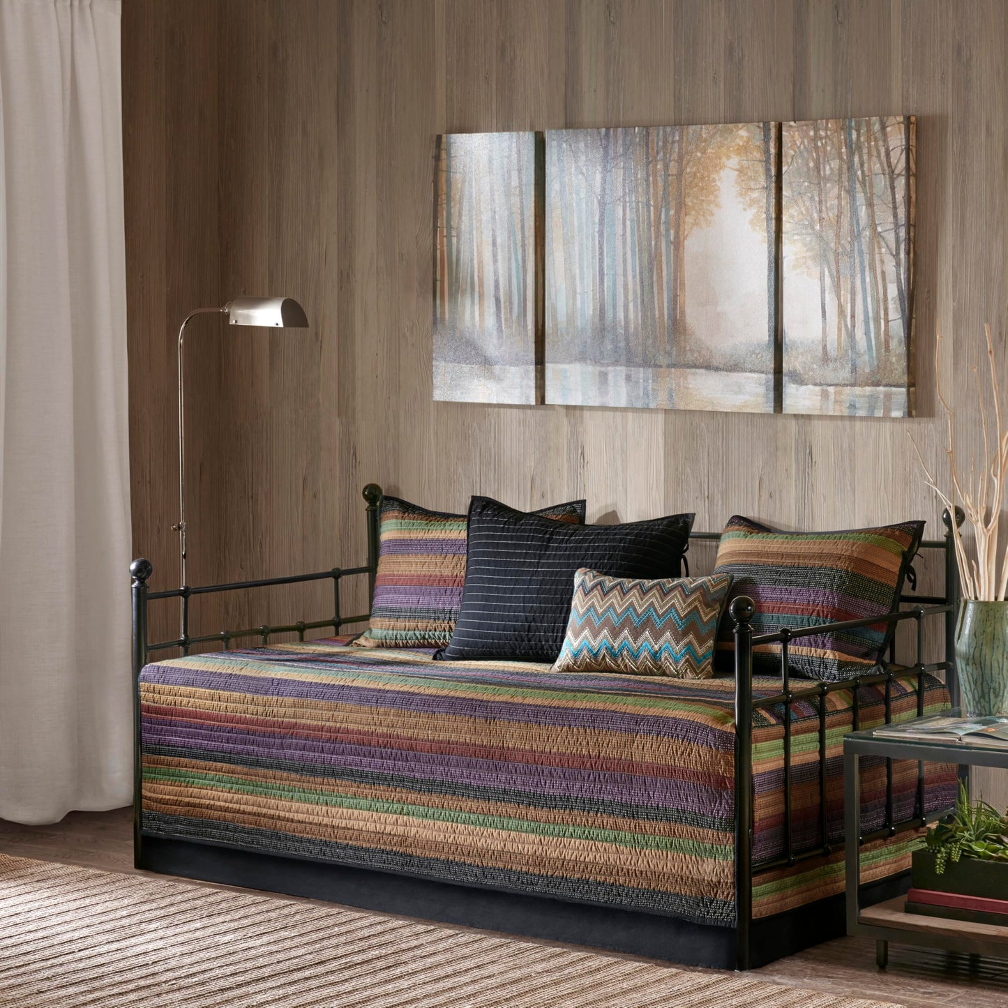 Madison Park Daybed Cover Double Sided Quilting Casual Design All Season Bedding Set with Bedskirt, Matching Shams, Decorative Pillow, 75 in x 39 in, Yosemite, Purple Teal