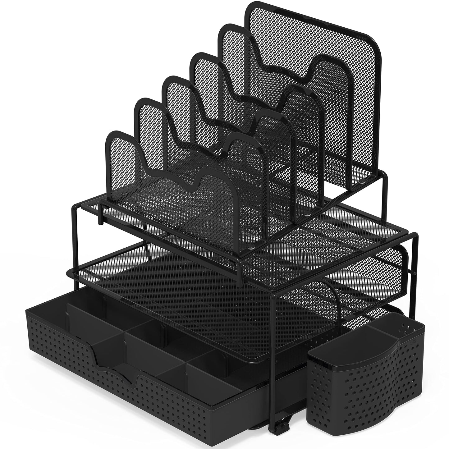 Simple Houseware Mesh Desk Organizer with Sliding Drawer, Double Tray and 5 Stacking Sorter Sections, Black