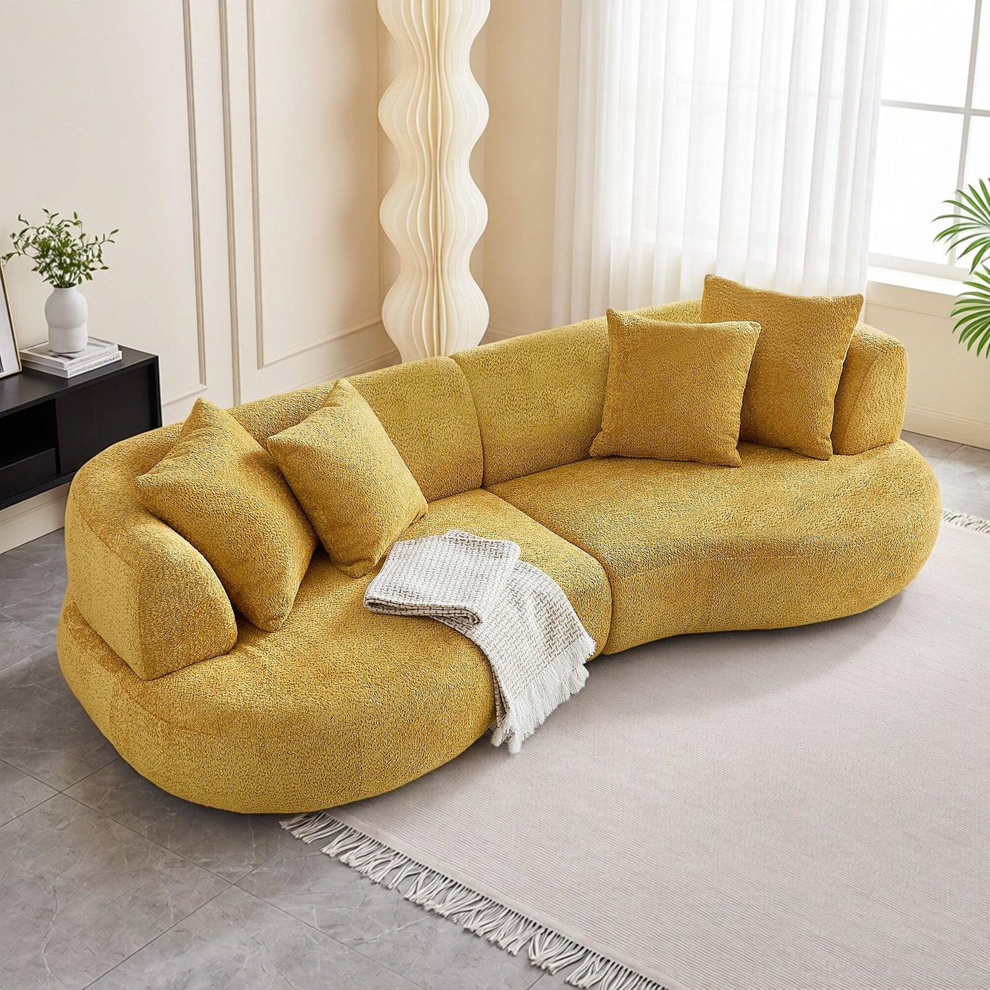 BBTJOINT Modern Curved Bubble Sofa, Mustard Yellow loveseat Sectional,Upholstered Couch, Contemporary Design,Minimalist 102 '' Chaise for Living Room, Boucle Fabric Deep Seat