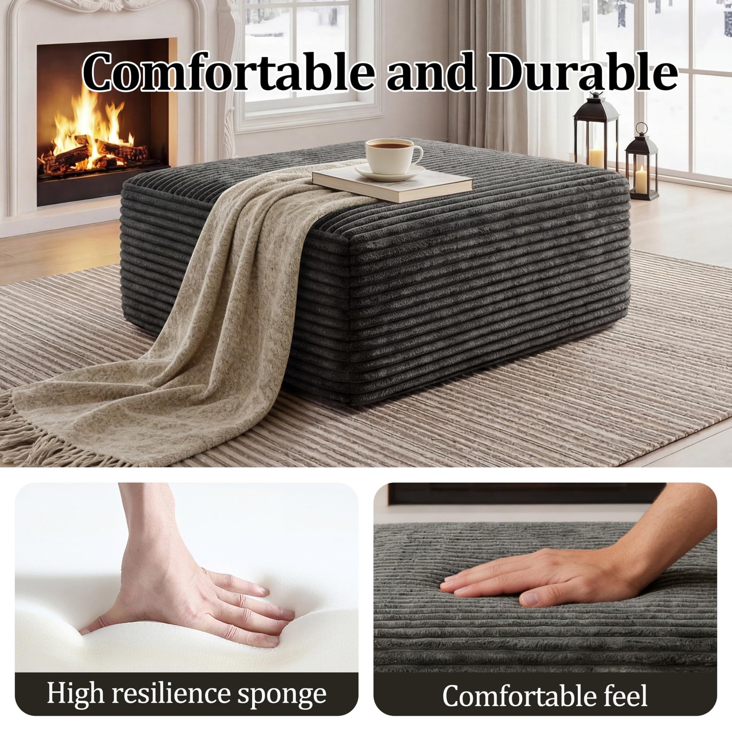 Corduroy Ottoman, Modern Boneless Cloud Foot Rest Foam Support, Oversized Modular Sectional Sofa Stool for Living Room, Bedroom & Small Spaces, No Assembly Required (Drak Gray, Ottoman)