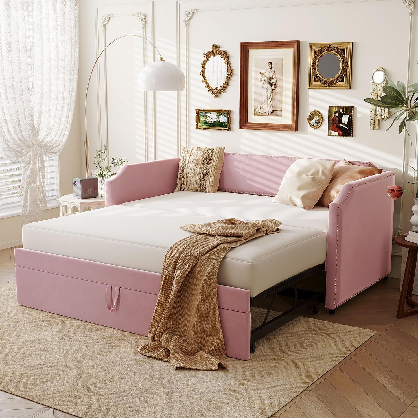 QVUUOU Twin Size Velvet Upholstered Daybed with Pop Up Trundle, Beige - Space-Saving Sofa Bed for Guest Room or Kids' Room