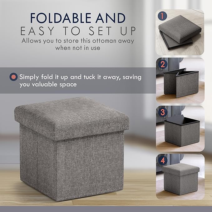 Ornavo Home Small Storage Ottoman Foldable Collapsible Cube Square Linen