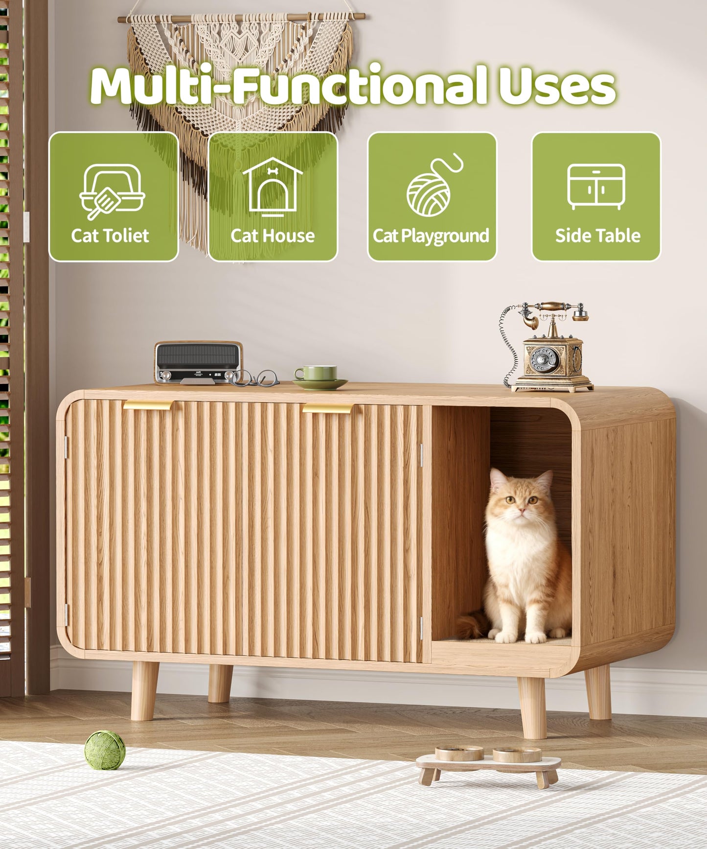 Zeibospri Fluted Cat Litter Box Enclosure with Solid Wood Legs, Hidden Cat Litter Cabinet, Modern Cat House Furniture, Reduce Litter Tracking, 31.5 x 19.7 x 22 Inches, for Living Room, Bedroom, Oak