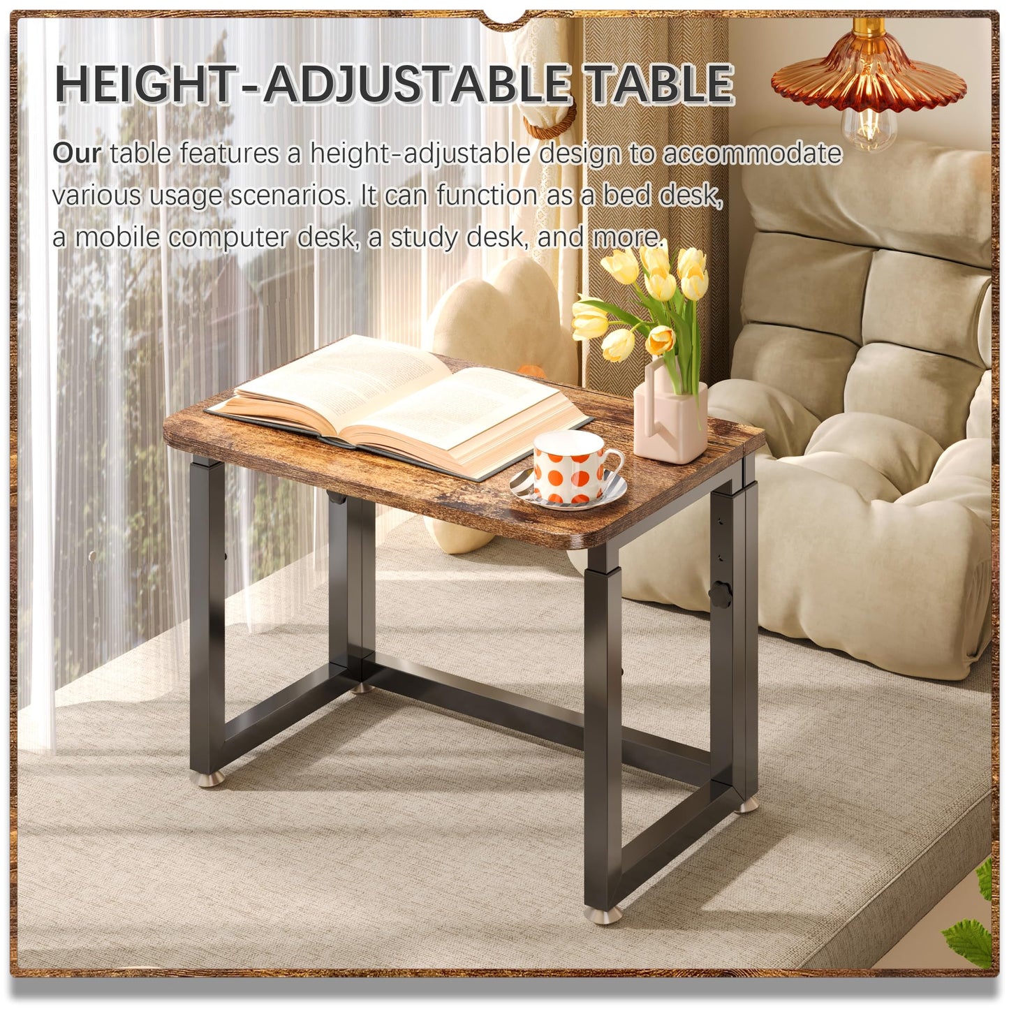 4NM No Tool Assembly 23.6" Small Desk, Folding Portable Desk with Wheels, Adjustable Height Foldable Computer Home Office Desks, Collapsible Study Writing Table for Space Saving Bedroom - Rustic Brown