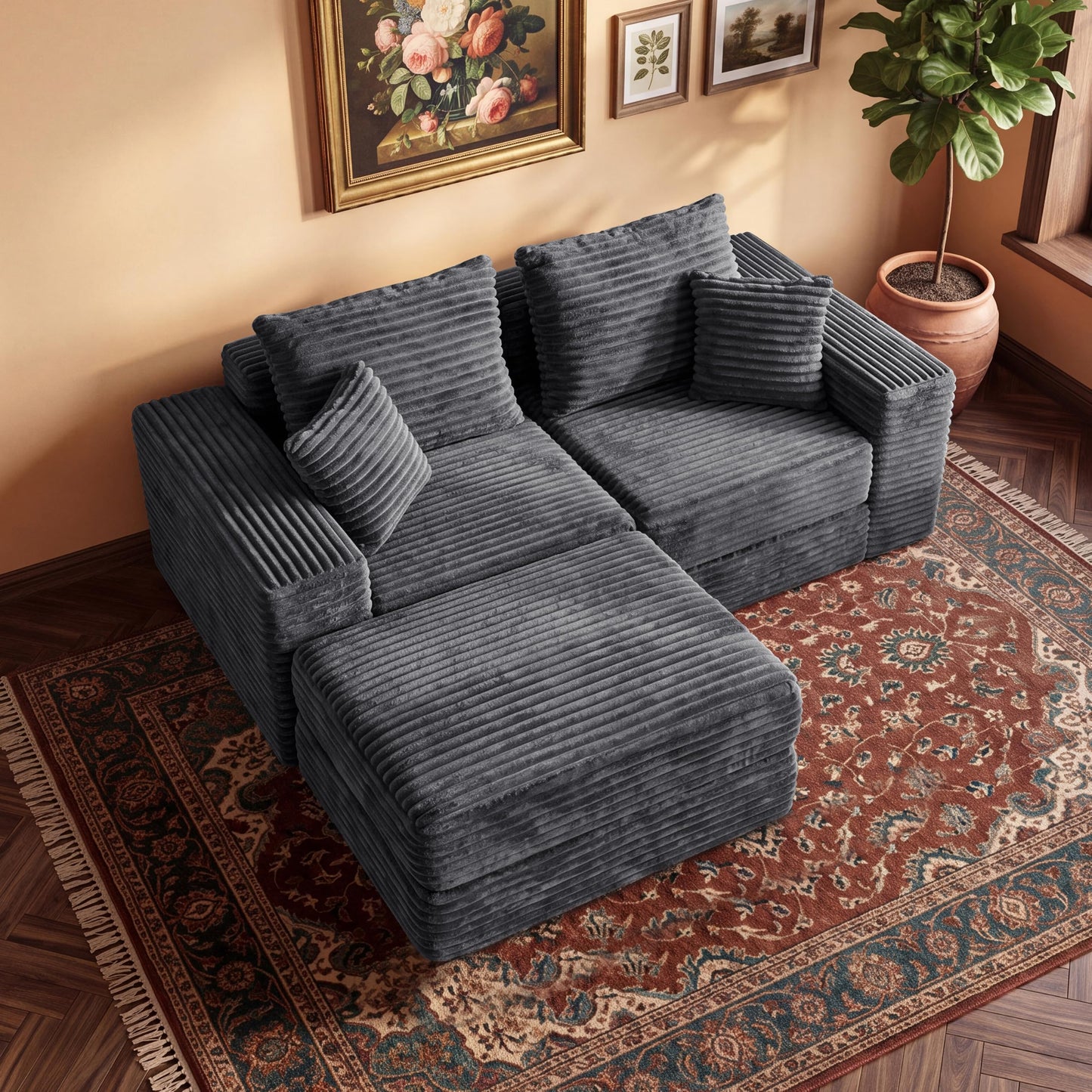 75'' L-Shaped Cloud Modular Sectional Couch with Chaise, Modern Corduroy Memory Foam Sofa Bed, Upholstered Boneless Deep Seat Fluffy Sleeper Sofa, for Living Room, No Assembly Needed (Dark Grey)