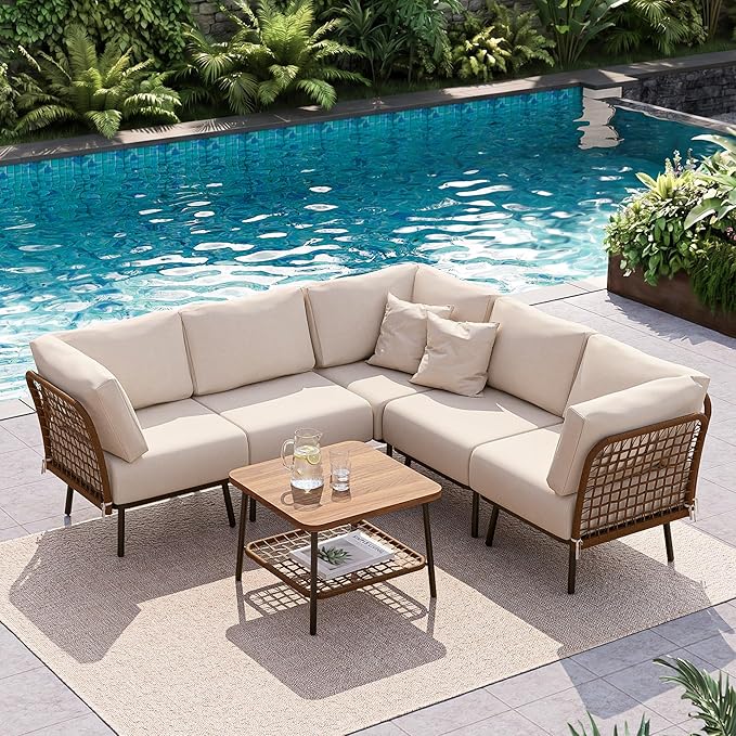 6-Piece Patio Conversation Set, Outdoor Sectional Sofa Modular Wicker Furniture