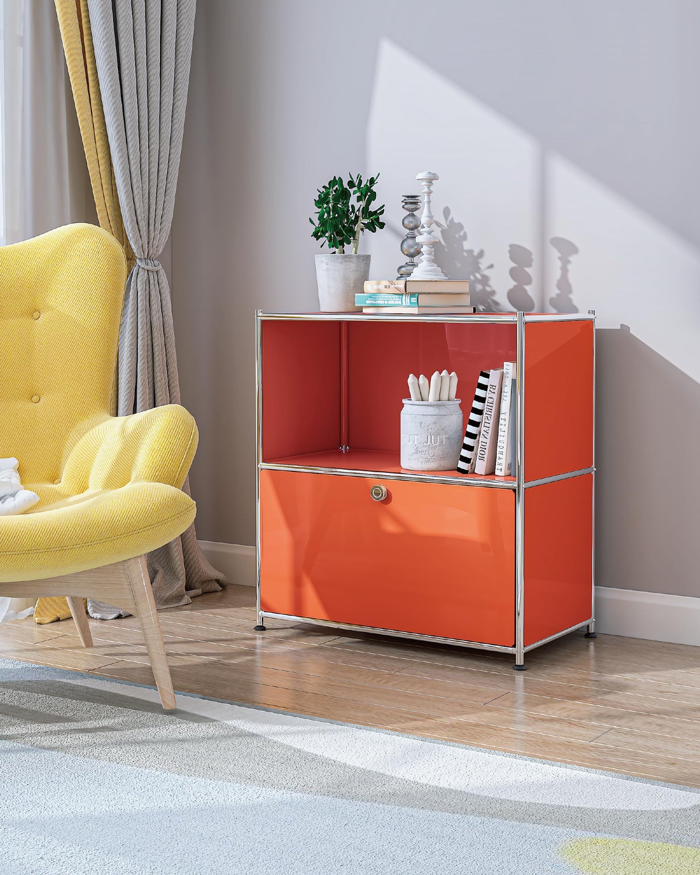 Simplink 32.5-Inch Flip-Top Side Table & Buffet Cabinet with Detachable Wheels, Ample Storage, DIY Corner Bookshelf, Wall Shelf, Cube Organizer, Bedside Table – Modern Home Decor, Orange