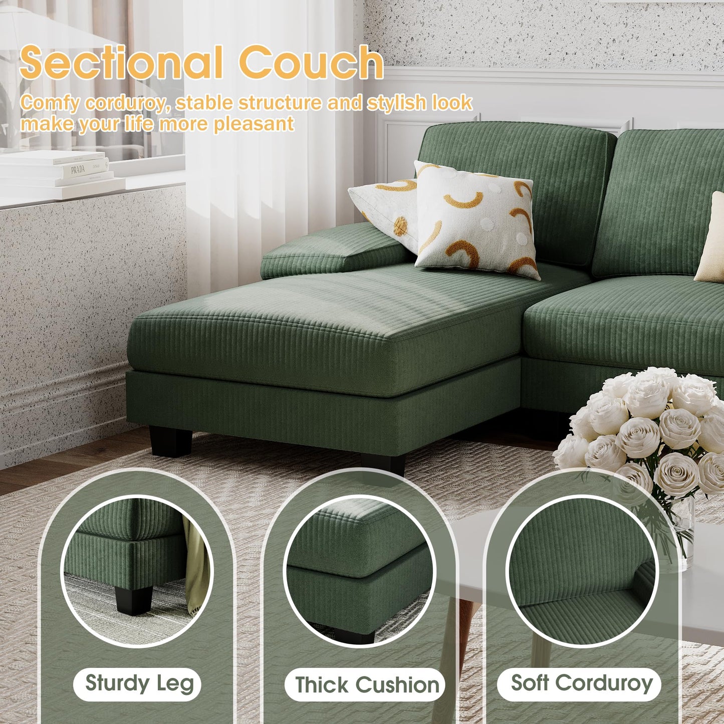 Furniwell Convertible Sectional Sofa Couch, 4 Seat Sofa Set for Living Room U-Shaped Modern Fabric Modular Sofa Sleeper with Double Chaise & Memory Foam (Corduroy, Deep Green)