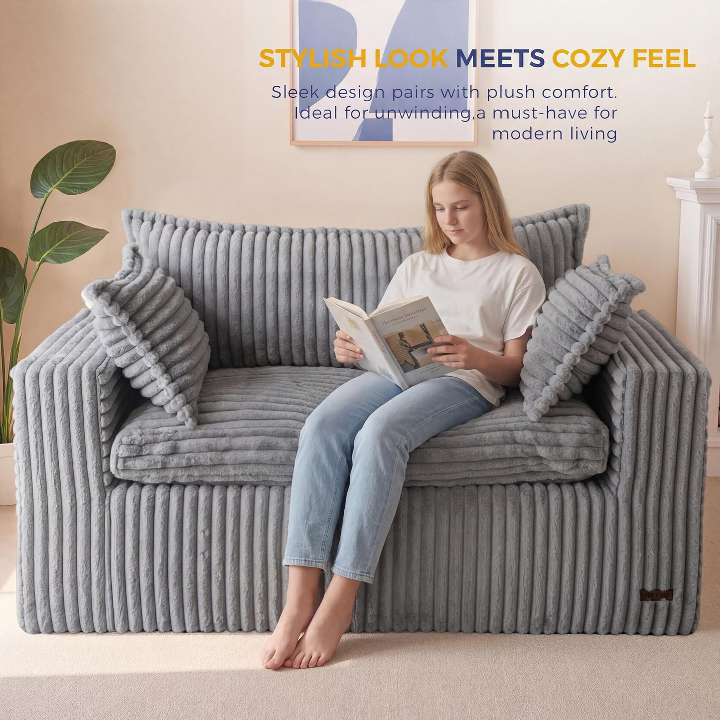 MAXYOYO 59" Bean Bag Sofa Couch, Loveseat Boneless Couch in a Box, Upholstered Small Mini Sofa with Deep Seating for Living Room Bedroom Office Apartment, No Assembly, Dark Grey