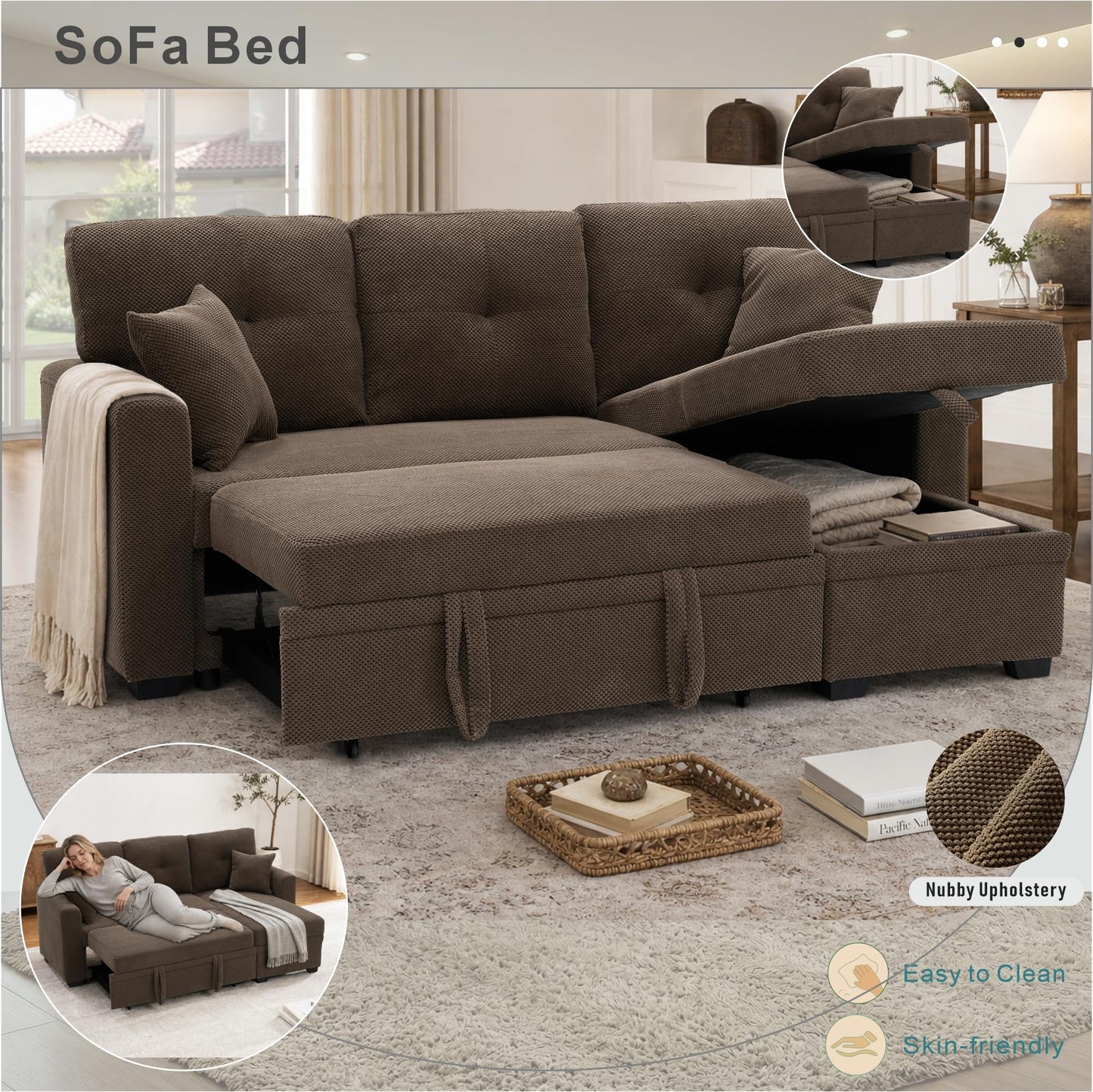 WuerQi 71" Sofa Bed with Queen Size Pull Out Couch, Sectional Sleeper Sofa with Reversible Storage Chaise, L Shaped Couch for Living Room, Apartment and Small Spaces (Coffee-L Shaped)