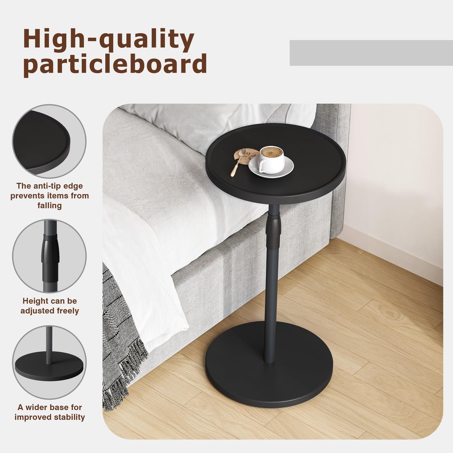 IRCPEN Adjustable Round Side Table, Small End Table, Pedestal Drink Table for Small Spaces, Tall Round Nightstand for Living Room Bedroom Sofa Couch, Black Wood Grain ET-010BW