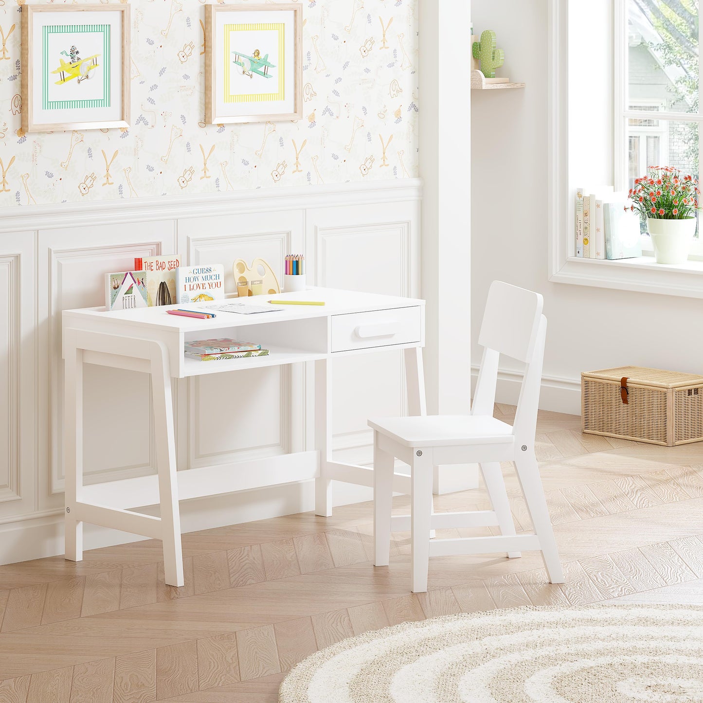 UTEX Kids Desk and Chair Set, Study Desk for Kids with Storage Bins, Wooden Children Study Table, Student Writing Desk for Bedroom & Study Room (1 Open & 1 Drawer)