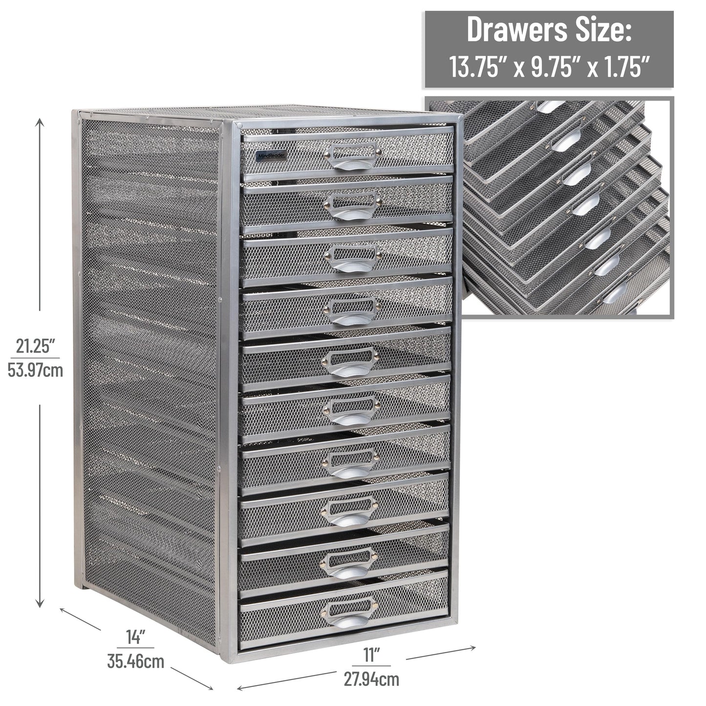 Mind Reader 10-Drawer Desk Organizer for Office Supplies, Crafts, Mail Sorting & More, Metal Mesh, Silver