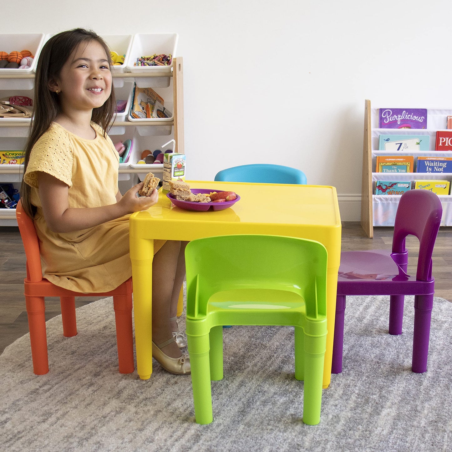 Humble Crew Kids Plastic Table and Chair Set, Toddler Activity Table with 4 Chairs, Lightweight Easy-Clean Kids Desk for Play, Snacks & Crafts, Indoor Outdoor Playroom Furniture, Yellow/Vibrant