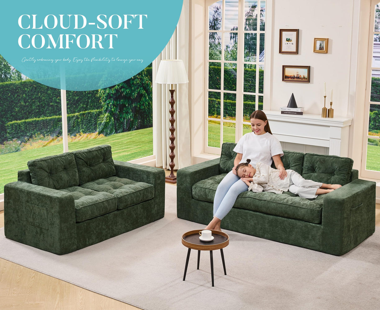 Hobestluk Sofa Couch Loveseat Sofa with Chenille Fabric 2-Seater Sofa for Small Spaces Comfortable Foam Floor Sofa 2 in 1 Boneless Couch for Living Room Bedroom Apartment or Office (Green, Loveseat)