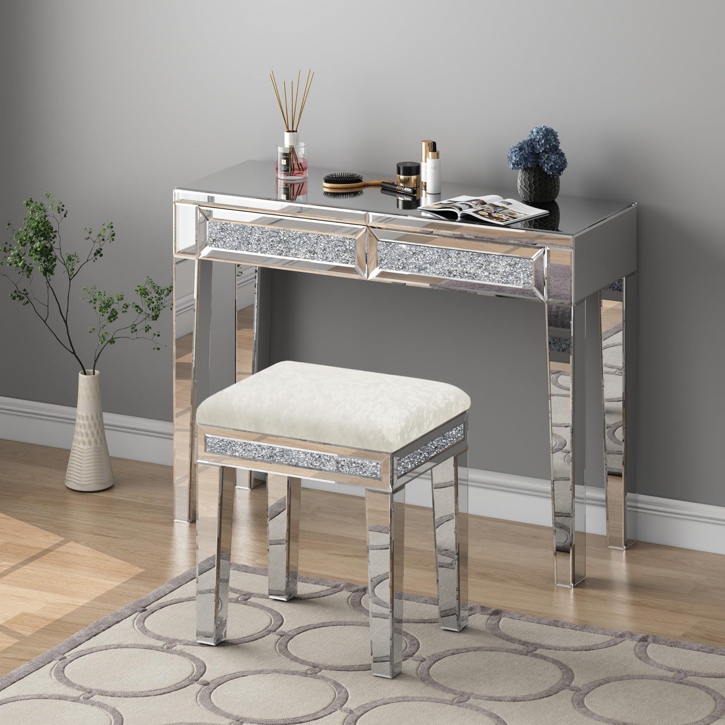 blingworld Mirrored Vanity Stool with Crushed Diamond Inlay Velvet Cushion 19.7'' Tall Stylish Makeup Chair for Bedroom, Vanity Chair, Ottoman for Living Room, White