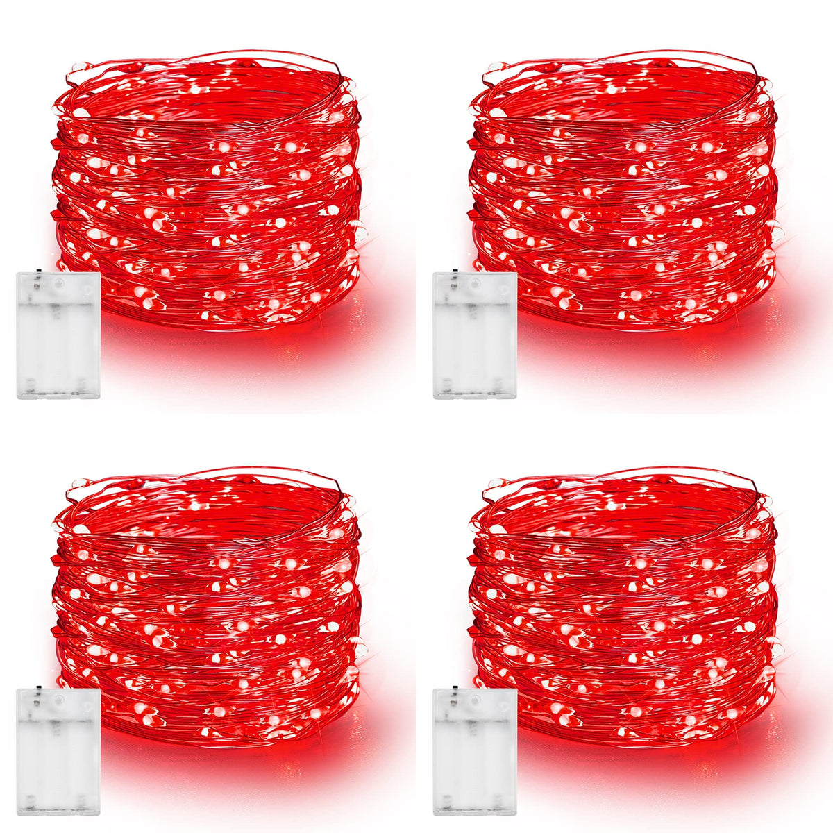 Dazzle Bright Fairy Lights Battery Operated, 4 Pack Total 80FT 240LED Silver Wire Waterproof Battery Operated String Lights, Christmas Decorations for Indoor Outdoor Bedroom Yard Decor, Red