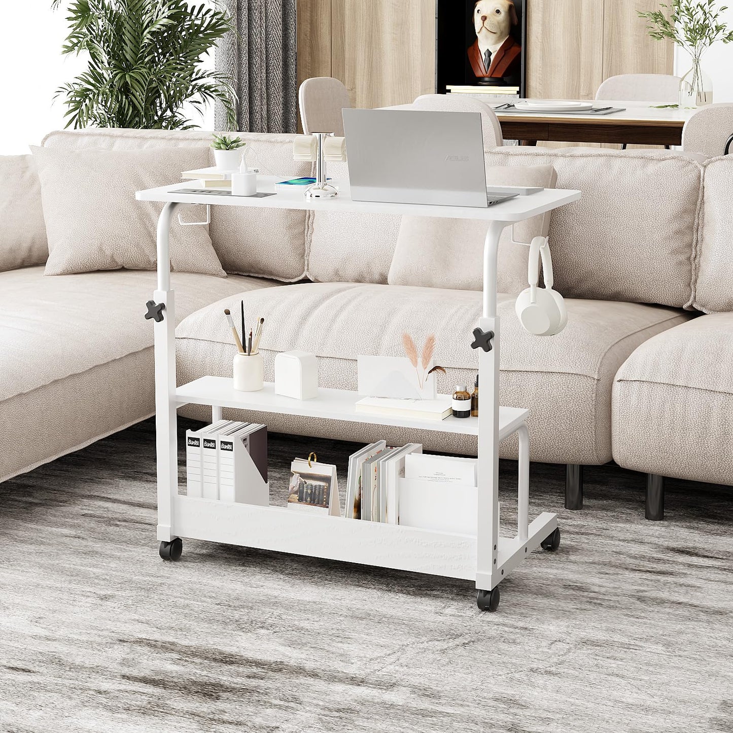 FCH 31.5" Mobile Small Standing Desk, Adjustable Height Mobile Computer Desk, w/2 AC Outlets + 3 USB Ports & Hooks, Storage Shelves, Suitable for Gaming, Studying, Home Office, White