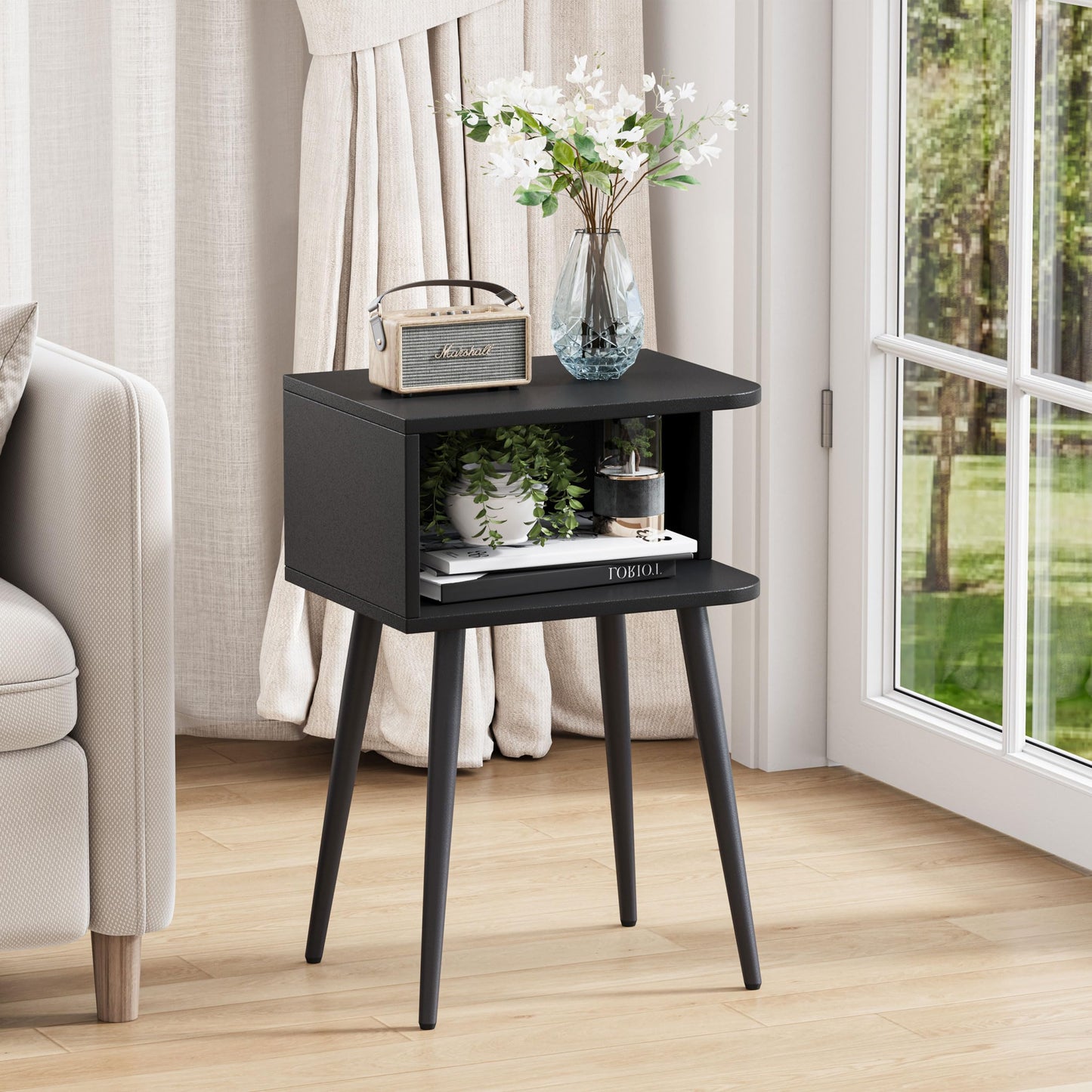 Black Nightstand Set of 2, Small Bed Side Table for Small Spaces, Mid Century Modern Nightstand End Table with Open Storage, Side Table for Bedroom Living Room, MLBZ20B-2