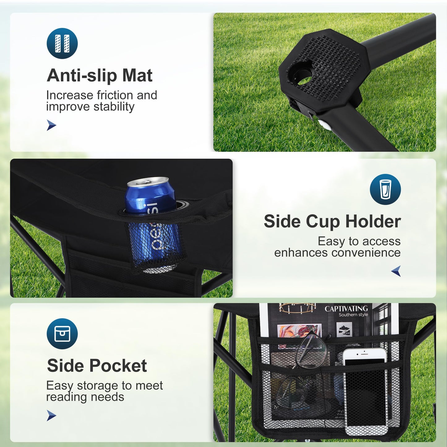 LET'S CAMP Camping Chair 2 Pack Folding Chair with 4-Can Cooler Bag Portable Lawn Chair with Cup Holder,Storage Pocket, Supports 250LBS, Collapsible Chair for Camp, Beach, Picnic (Black)