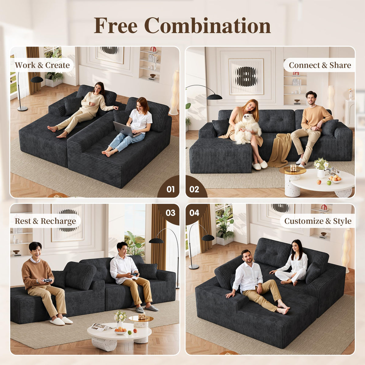 Ball & Cast 106" Boneless Sectional Sofa, Corduroy Modular L Shaped Couch with Deep Seat Chaise, Cloud Style Oversized Sofa for Living Room, No Assembly, Left Facing, Grey
