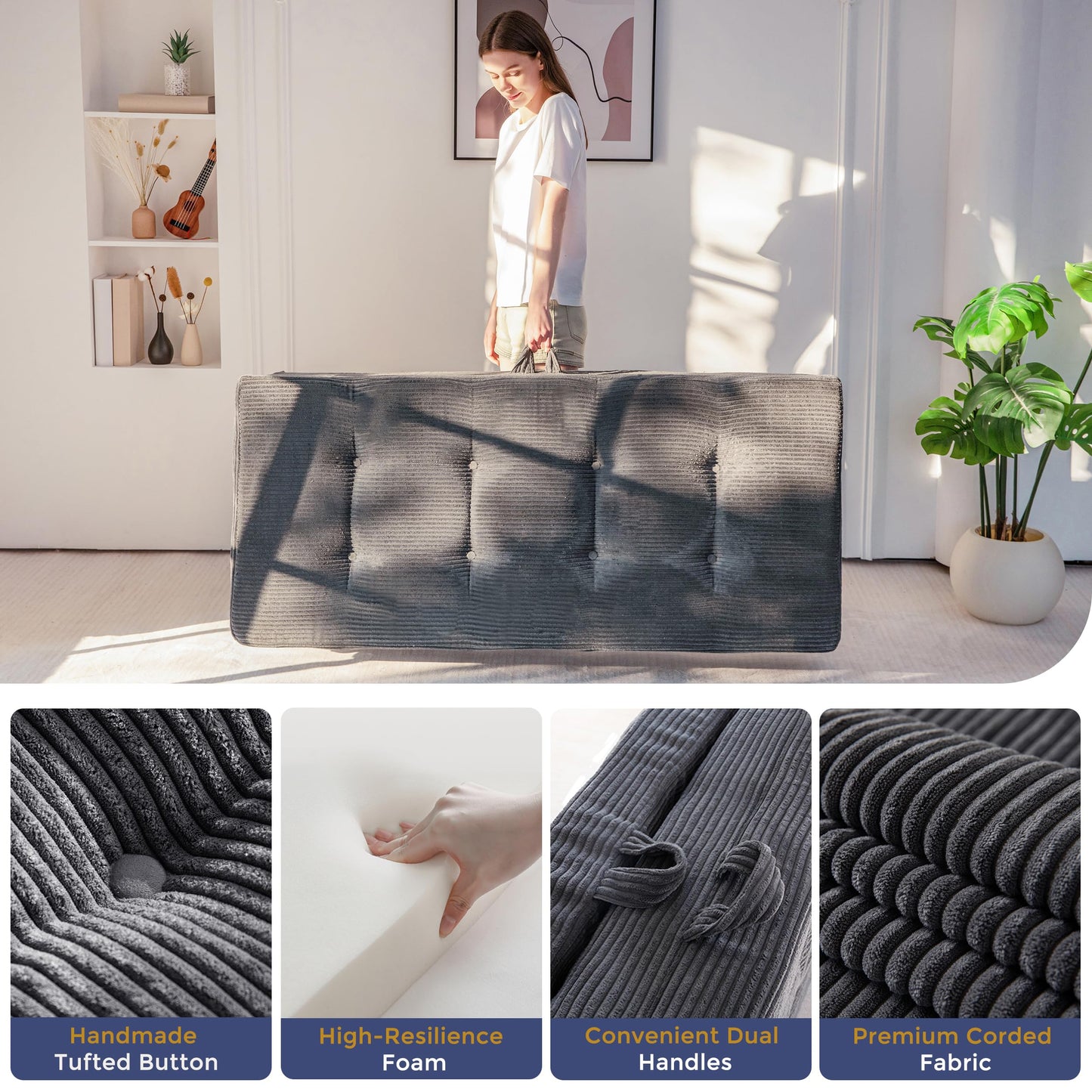 MAXYOYO Foldable Sofa Couch Bed, 4 Inch Tufted Folding Couch, Portable Floor Couch with Handles Guest Bed Topper Portable Camping Mat with Corded Fabric, Twin Size, Dark Grey