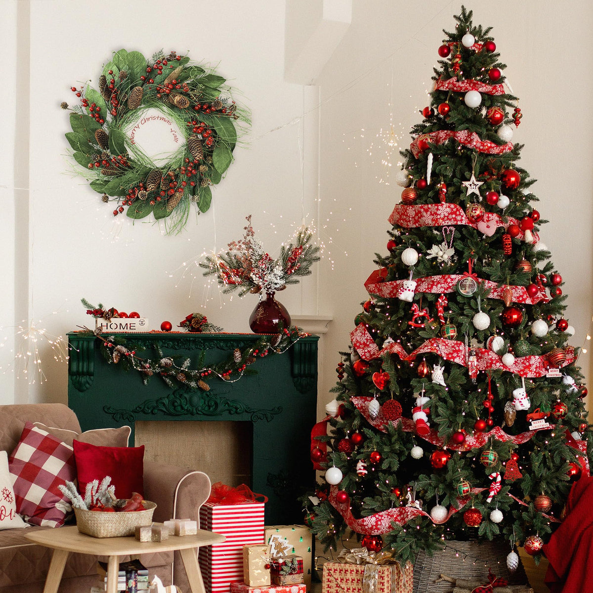 YNYLCHMX 20 Inch Winter Wreath for Front Door, Winter Wreaths with Magnolia Leaves Red Berries Pine Cones, Artificial Door Wreaths for Outdoor Indoor Farmhouse Windows Wall Holiday