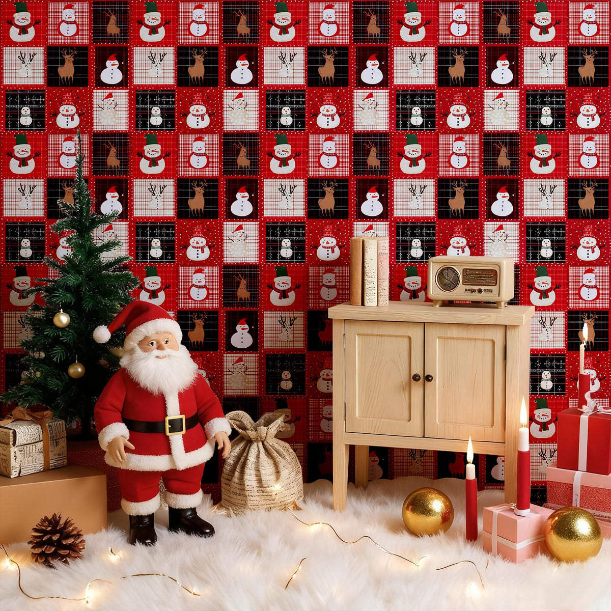 Peel and Stick Christmas Wallpaper Festive Snowman & Reindeer Holiday Contact Paper Removable Self Adhesive Vinyl Christmas Decor Wall Paper for Countertop Cabinets Drawers Furniture 17" x 196.8"