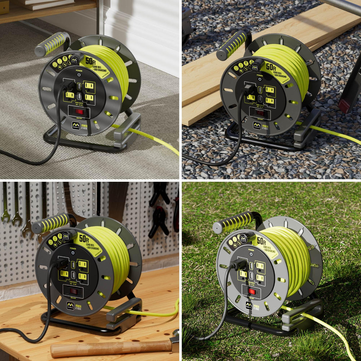 Masterplug 50ft Cord Reel, Retractable Extension Lead with Winding Handle, Safety Overload Circuit Breaker and Power Switch, 4X Grounded Outlets, 2X USB Ports, 13amps, 14AWG Cable