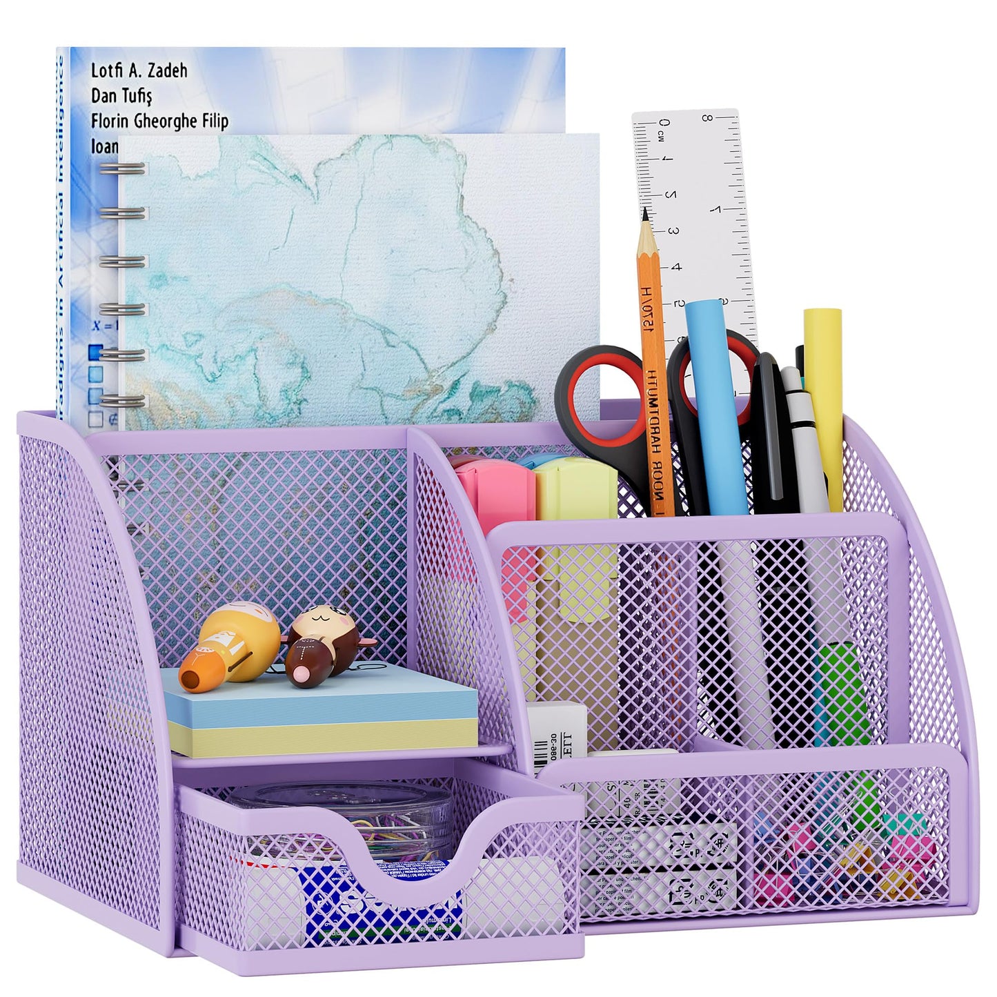 EasyPAG Mesh Desk Organizer with Drawer Multi-functional Pen Holder Stationery Organizer for Office School Supplies 6 Compartments Dorm Organizers and Storage for Desk, Light Purple