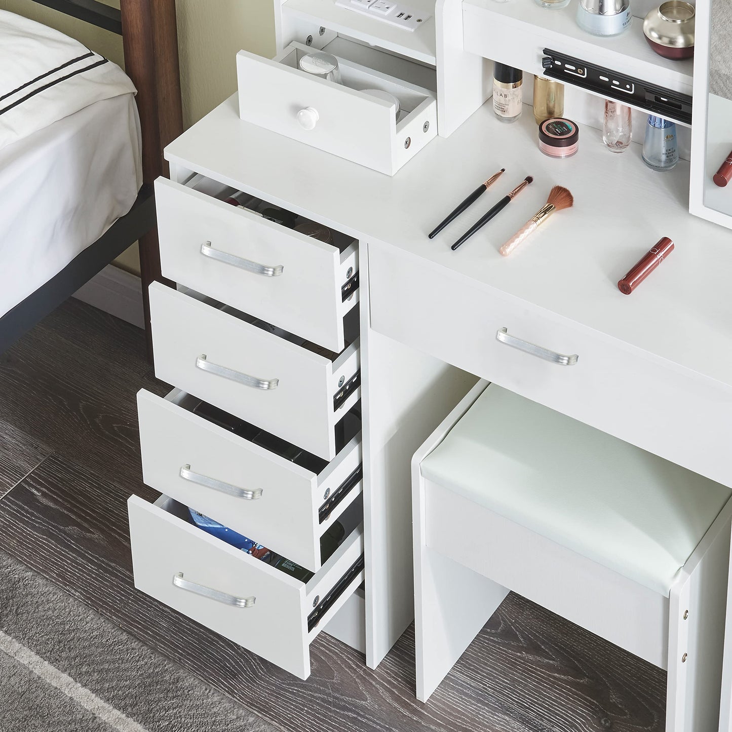 Makeup Vanity Set with Lights and Mirror Vanity Dressing Table with Drawers and Stool Shelves Makeup Vanity Desk for Bedroom Furniture for Girls Women