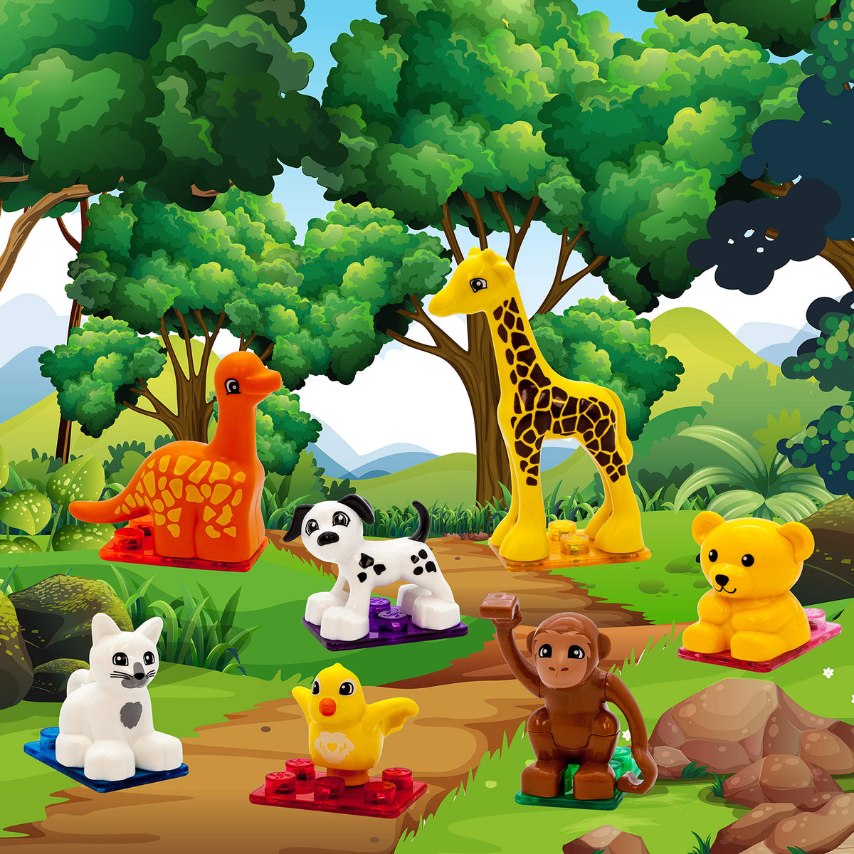 PicassoTiles 7pc Magnetic Animal Action Figure Set for Magnet Building Block Educational STEM Learning Kit Construction Toy Pretend Playset Child Brain Development HandEye Coordination Training PTA07