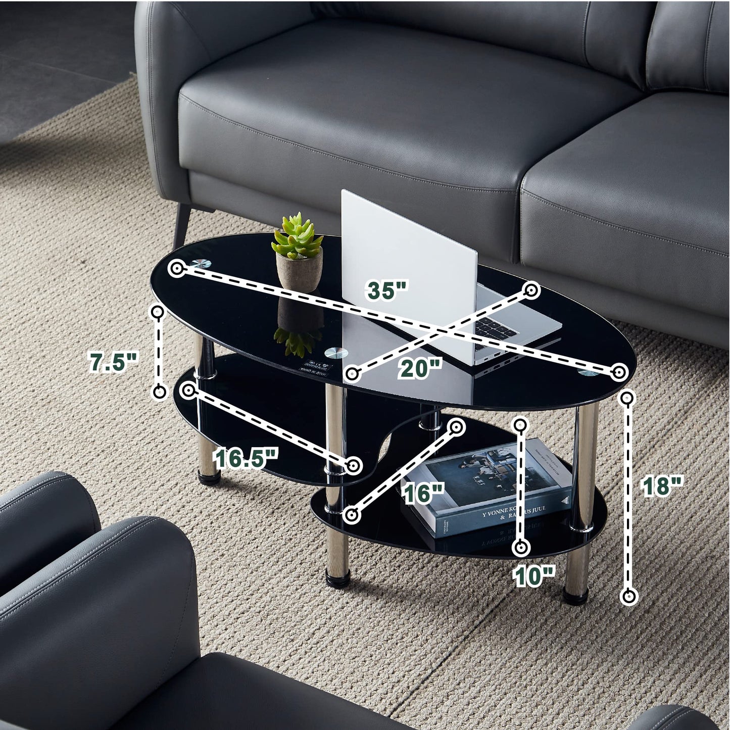 Oval-Shaped Glass Tea Table for Office, 3-Tier Modern Coffee Table, End Table for Living Room (Black)