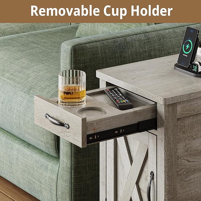 IRONCK End Table with Charging Station, Narrow Side Table