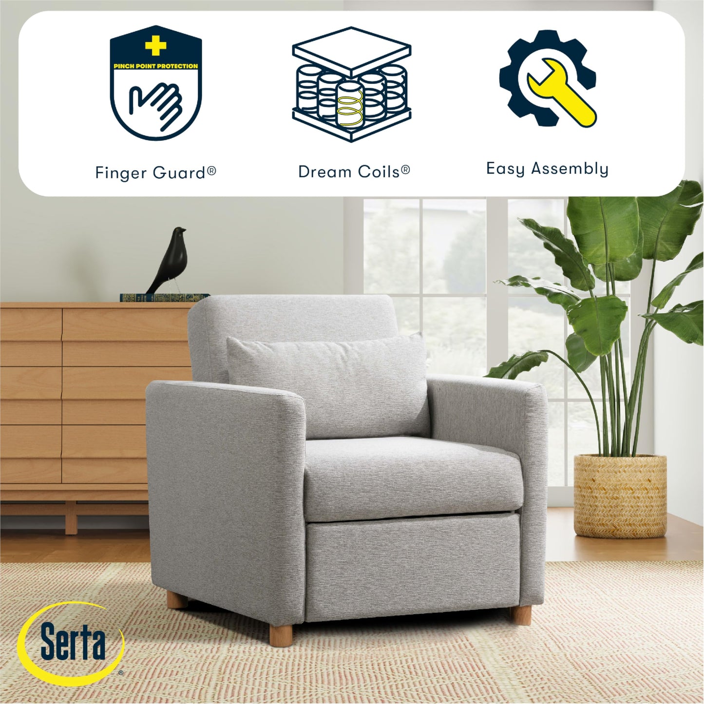 Serta® Corwin 36" Convertible Accent Chair, Dreamcoil® Comfort, FingerGuard® Pinch Point Protection, Woven Polyester Fabric, Light Gray