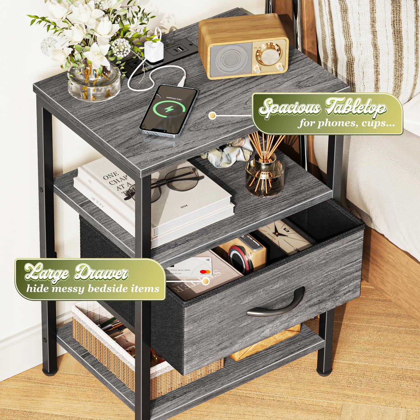 SUPERJARE Nightstand with Charging Station, Bed Side Table with Adjustable Fabric Drawer, Night Stand for Bedroom, 3-Tier Storage End Table, for Living Room, Grey