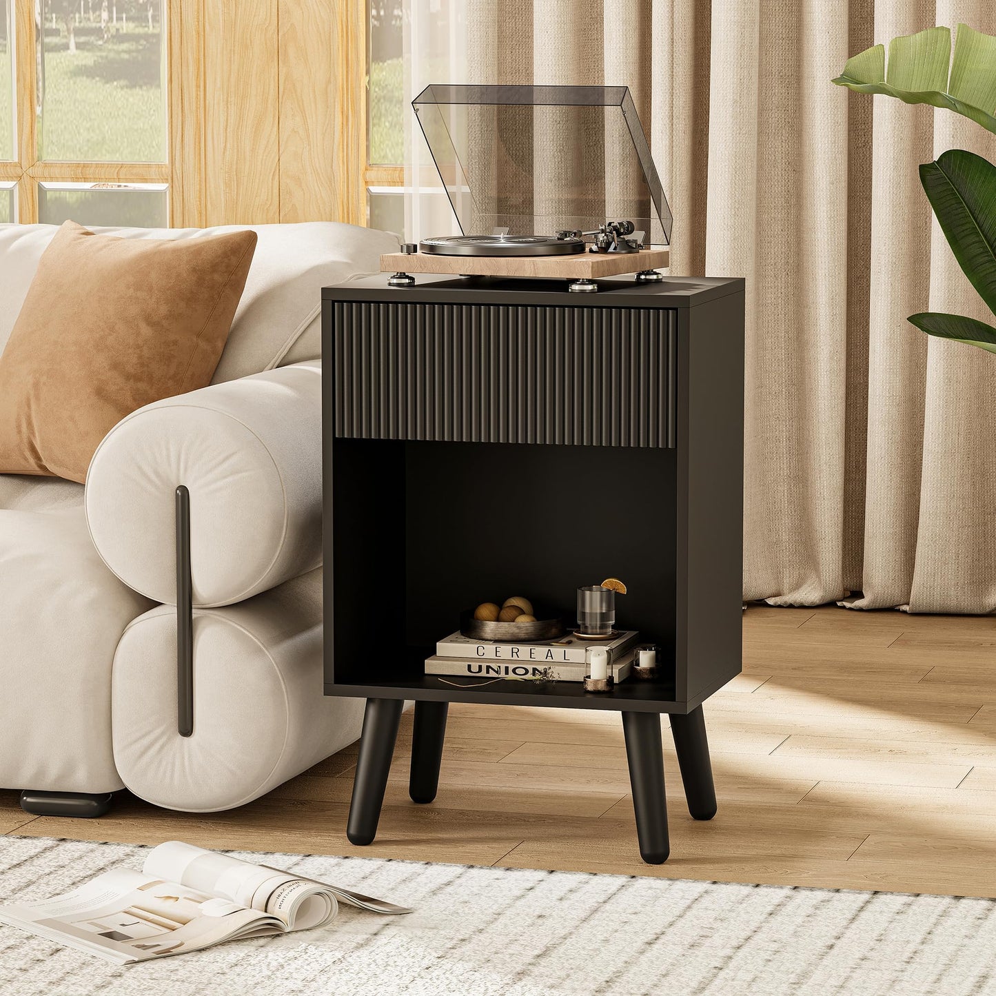 Nightstand, Modern Bedside Table with Storage Drawers and Open Wood Shelf, Night Stand with Solid Wood Legs, End Tables Side Tables for Living Room, Bedroom Black