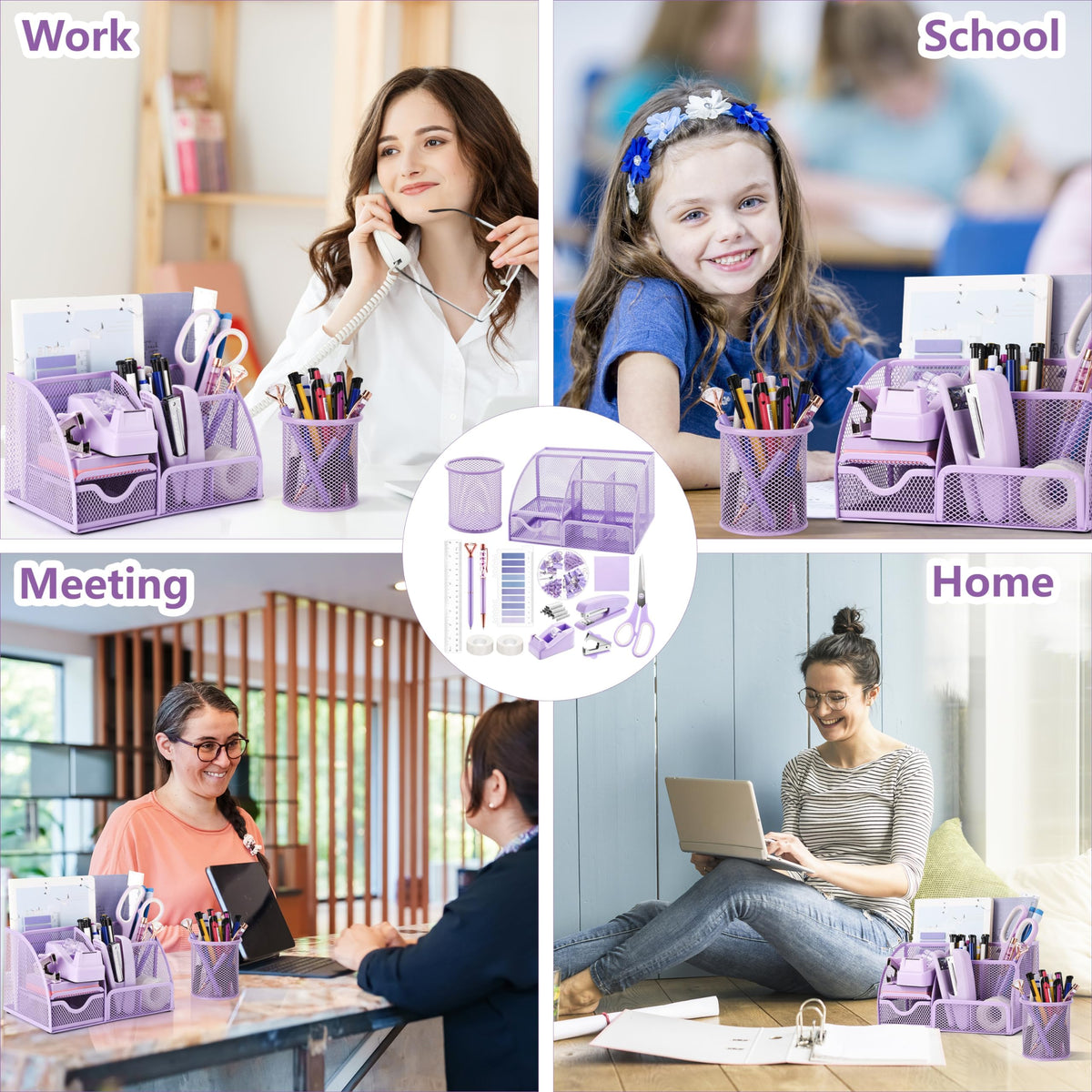 15 Pcs Purple Office Supplies Set Mesh Desk Organizer Accessories Kit Include Stapler Tape Dispenser Staple Remover Clips Ruler Scissors Sticky Notes for Office School Home Women (Purple)