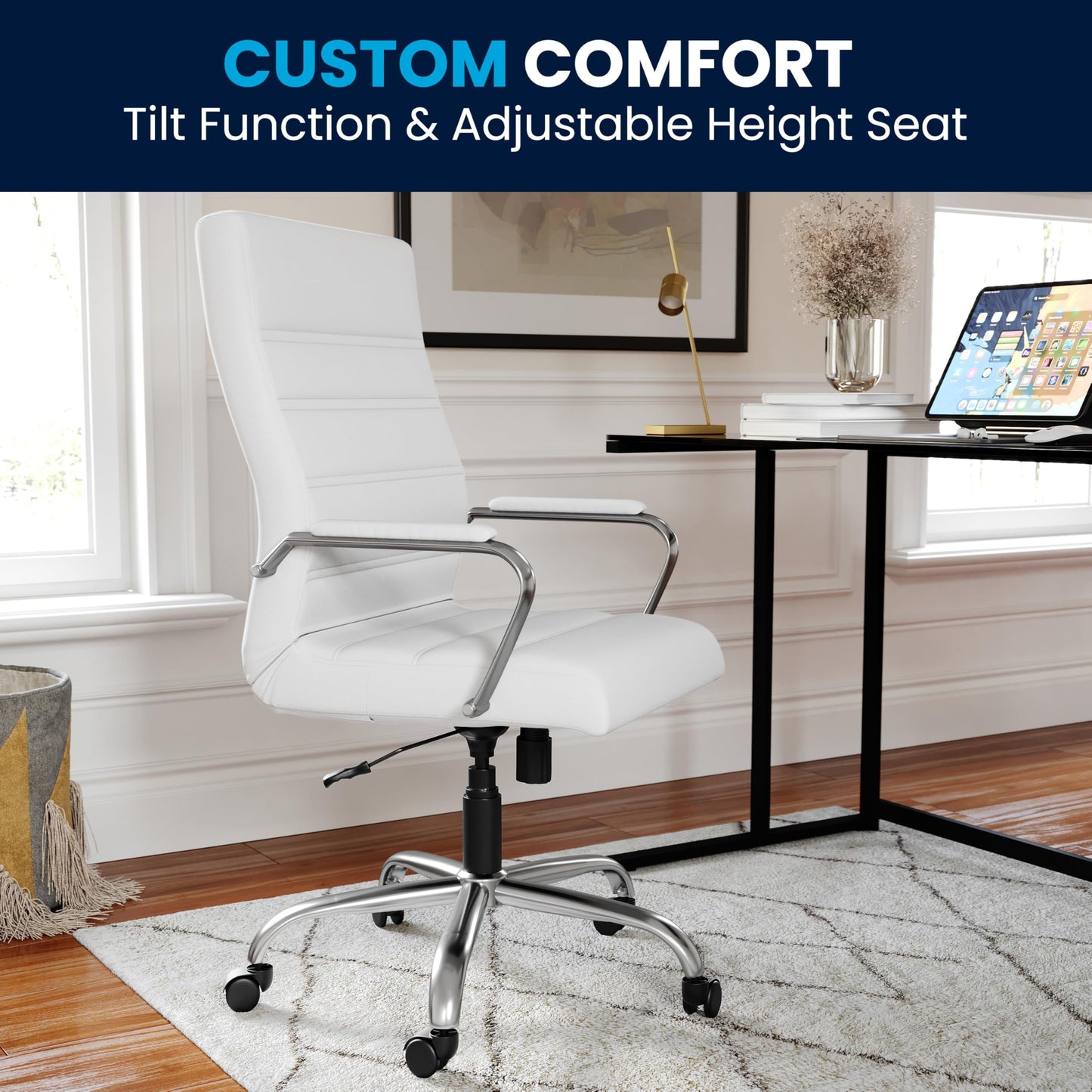 Flash Furniture Whitney High-Back Swivel LeatherSoft Desk Chair with Padded Seat and Armrests, Adjustable Height Padded Office Chair, White/Chrome