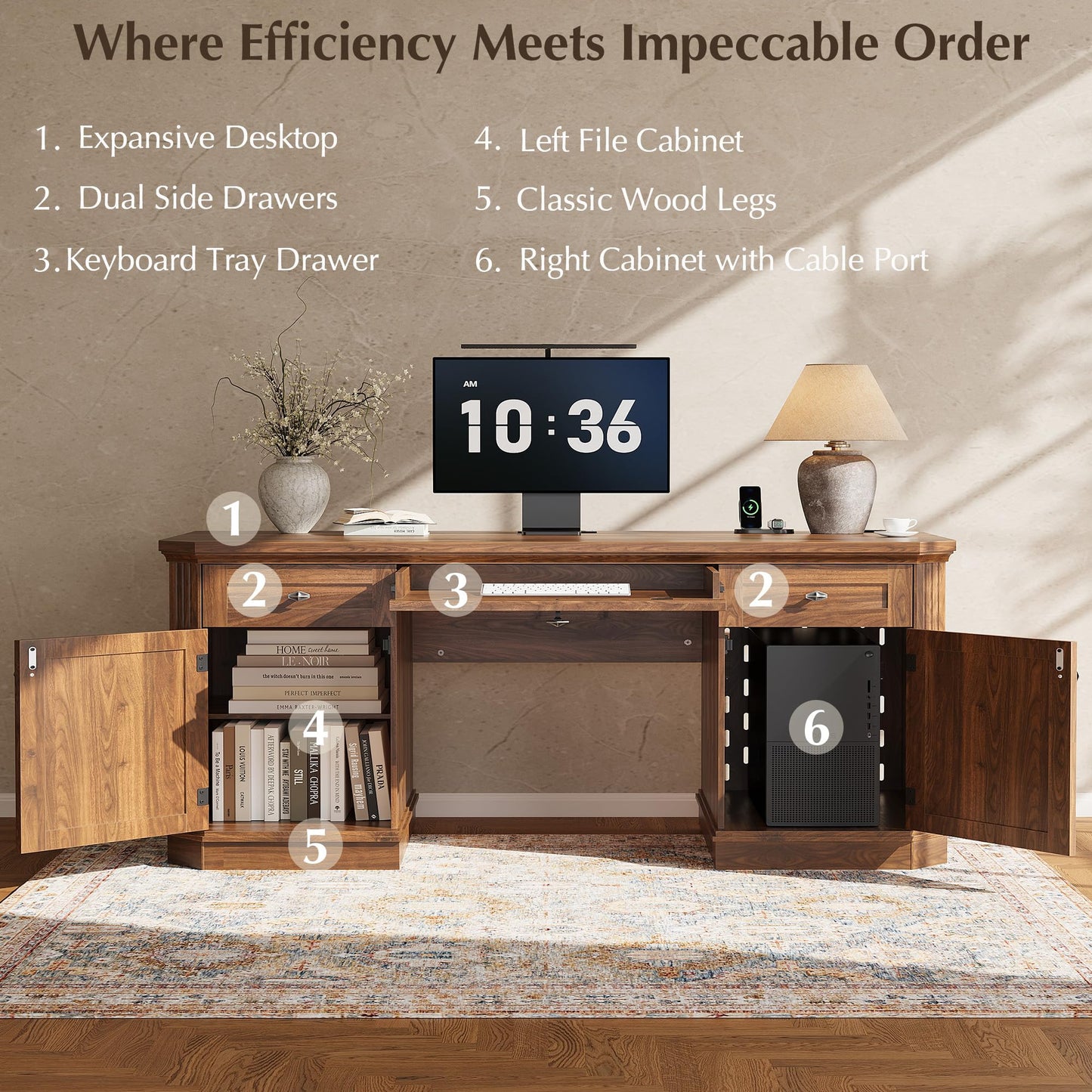 AMBERHAUS 59" Classic Executive Desk with Storage, Victorian Executive Desk with Charging Station, Keyboard Tray, 3 Drawers & 2 Cabinet Storage & 2 Pedestals, Easy Assembly, Dark Walnut